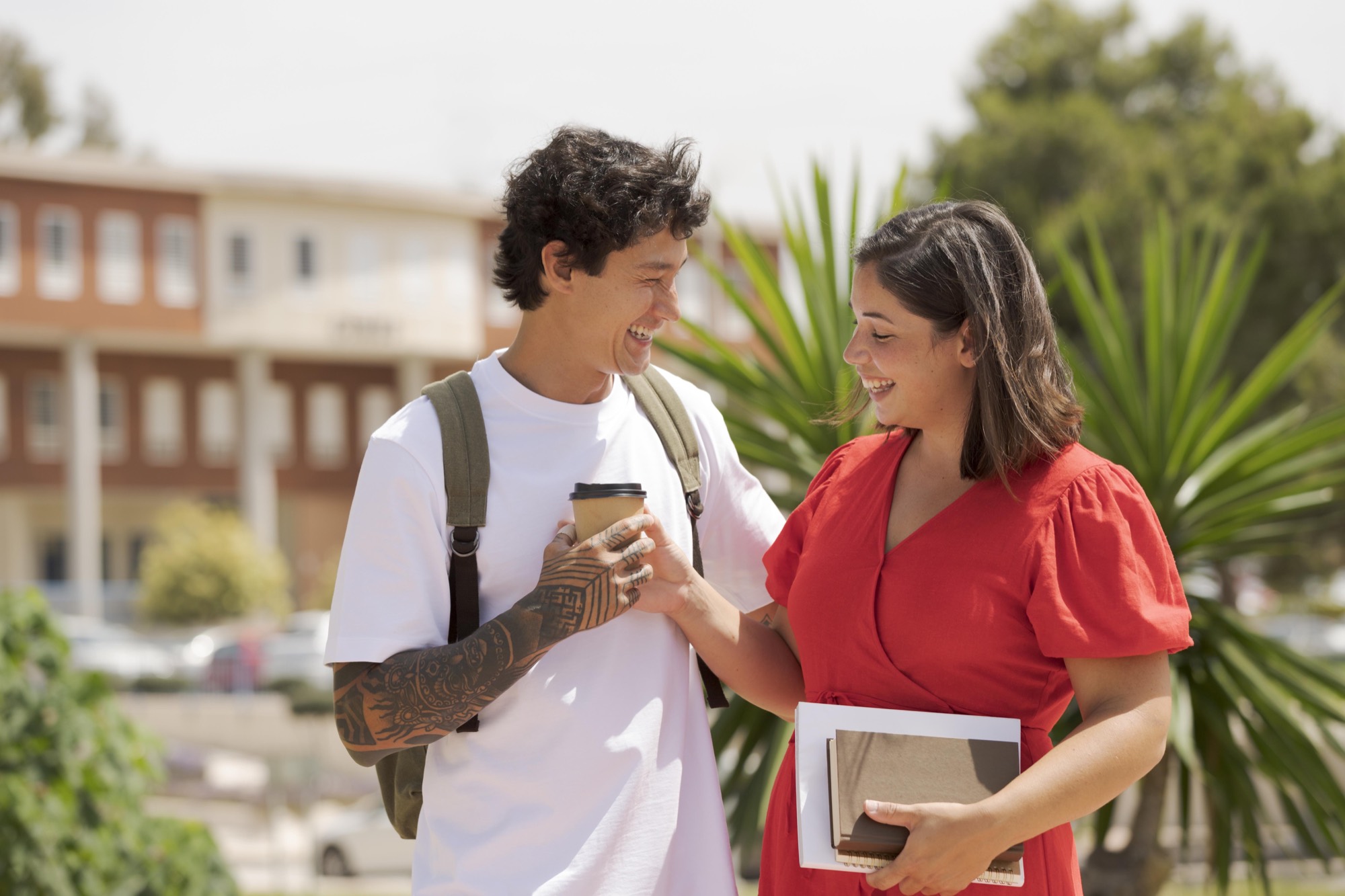 Two students talking on campus